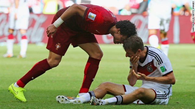 Suarez is not the first player to behave badly at Brazil 2014. Portugal's Pepe literally sees red when he headbutts Germany's Thomas Mueller in a Group G match.