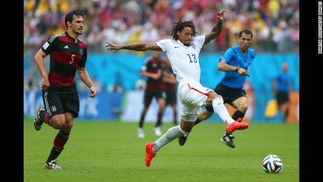 Jermaine Jones of the United States controls the ball against Mats Hummels of Germany.