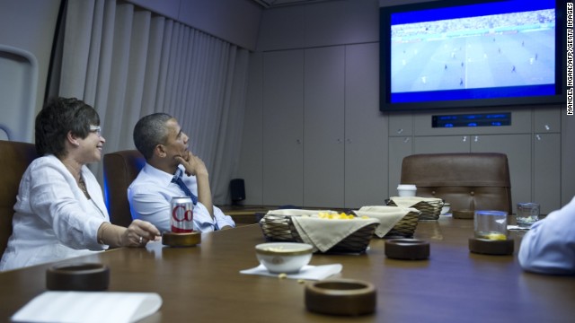U.S. President Barack Obama and senior adviser Valerie Jarrett watch the Germany match while en route to Minneapolis.