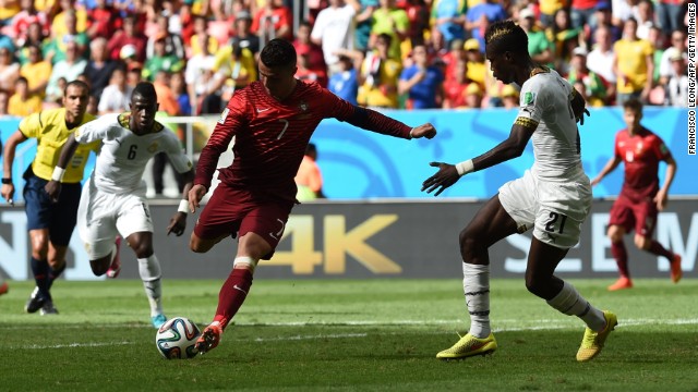Portugal's forward and captain Cristiano Ronaldo scores during the match against Ghana on Thursday, June 26. Portugal won 2-1. 