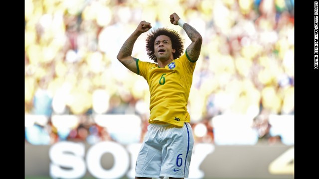 Marcelo of Brazil celebrates after scoring during the penalty shootout.