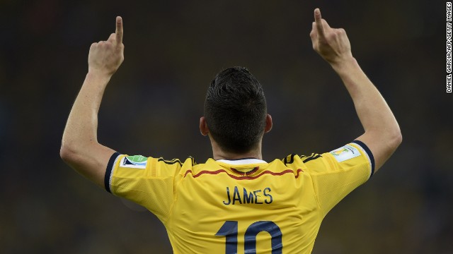 Colombia's James Rodriguez celebrates after scoring against Uruguay.