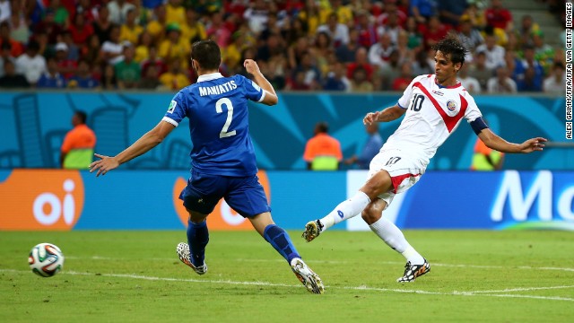 Bryan Ruiz of Costa Rica scores his team's goal against Greece.