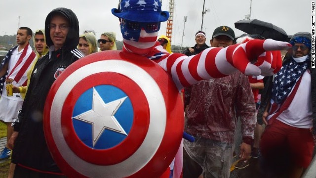 This U.S. fan takes on the spirit of the well-known comic character "Captain America" to support the team. 