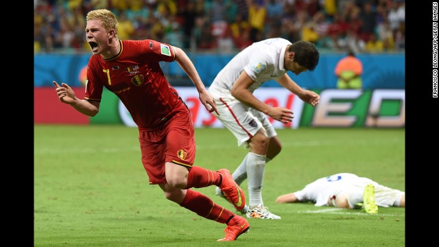 Belgium midfielder Kevin De Bruyne celebrates after scoring a goal in extra time to take a 1-0 lead over the United States. All three of the game's goals were scored in extra time.