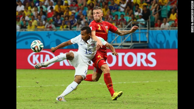 Julian Green of the United States scores a goal against Belgium during extra time of a World Cup round-of-16 match Tuesday, July 1, in Salvador, Brazil. Belgium won the match 2-1, however, to advance to the quarterfinals of the soccer tournament. 