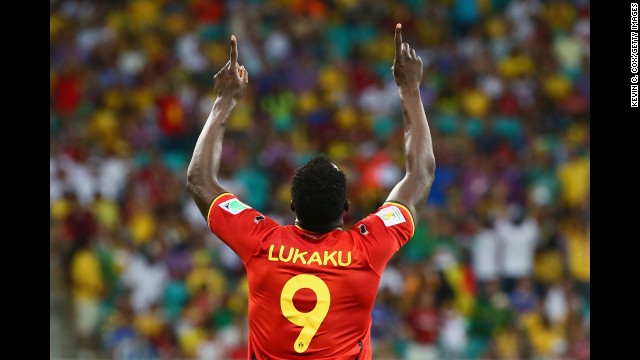 Romelu Lukaku of Belgium celebrates scoring his team's second goal.