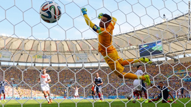 The ball flies by French goalkeeper Hugo Lloris after a header by Germany's Mats Hummels opened the scoring in their World Cup quarterfinal July 4 in Rio de Janeiro. It was the only goal in the match as Germany won to advance to the semifinals.