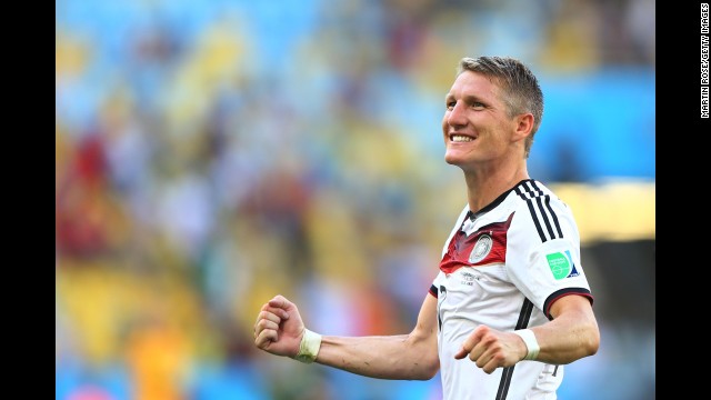 Germany's Bastian Schweinsteiger celebrates his team's 1-0 victory over France in a World Cup quarterfinal match in Rio de Janeiro.