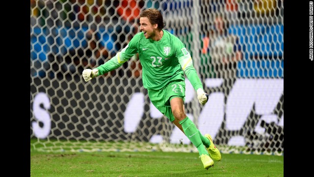 Goalkeeper Tim Krul of the Netherlands celebrates after making a save on a penalty kick by Michael Umana of Costa Rica. 