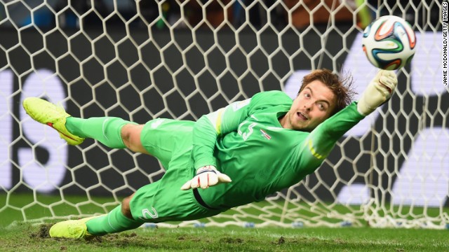 Tim Krul of the Netherlands knocks away a penalty kick by Michael Umana of Costa Rica. 