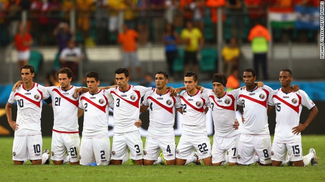 Costa Rica players line up for a penalty shootout after extra time ended with no score. 