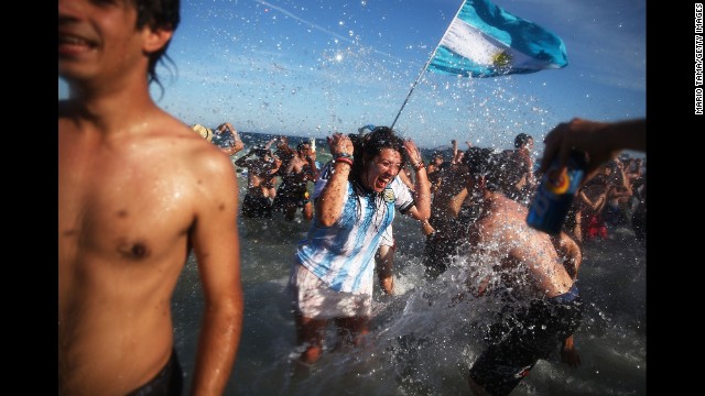 Argentina fans on Copacabana Beach celebrate their victory over Belgium on July 5. Argentina advanced to the World Cup semifinals for the first time in 24 years. 