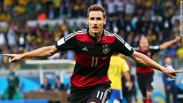 Miroslav Klose celebrates scoring his team's second goal against Brazil. The goal made Klose the all-time leading scorer in World Cup history.