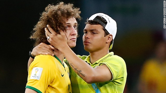 Brazil's stand-in captain David Luiz was left in tears after his side was thrashed 7-1 in the semifinal by Germany. Brazil, hoping to win the tournament for a sixth time, trailed 5-0 at halftime. Coach Luiz Felipe Scolari said it was the worst day of his life.