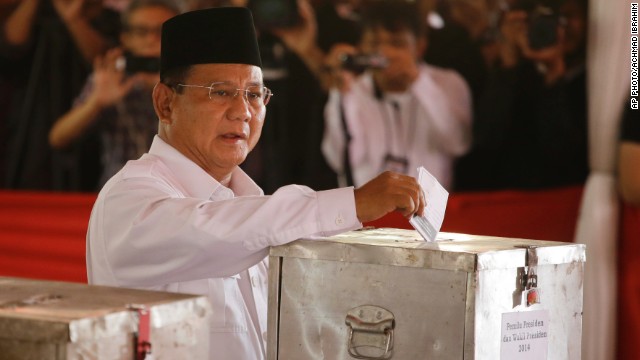 Indonesian presidential candidate Prabowo Subianto casts his ballot at a Bojong Koneng polling station on July 9. 