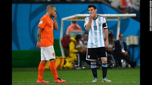 Messi, right, and Dutch midfielder Wesley Sneijder react during the match.