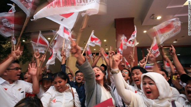 Supporters of Indonesian presidential candidate Prabowo Subianto gather inside a convention center in Jakarta on July 9.