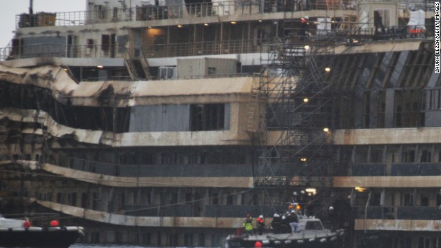 Experts inspect the ship's damage in January. They boarded the vessel to collect new evidence, focusing on the ship's bridge and the onboard elevators.