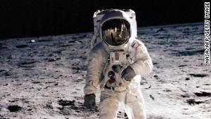 Buzz Aldrin walks on the moon on July 20, 1969. Sunday will be the 45th anniversary of the lunar landing.\n