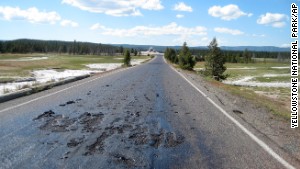 A road in Yellowstone National Park simmers in the heat of underground thermal features.