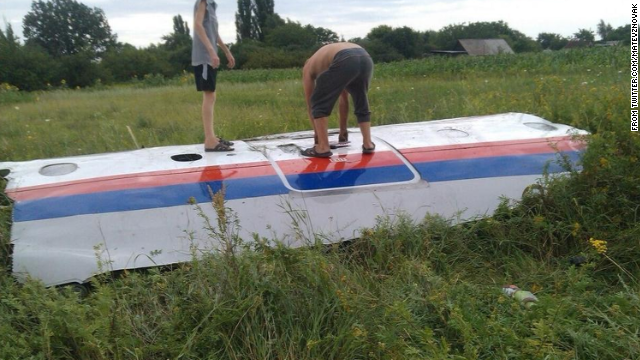 People inspect a piece of wreckage believed to be from Malaysia Airlines Flight 17. This image was posted to Twitter.