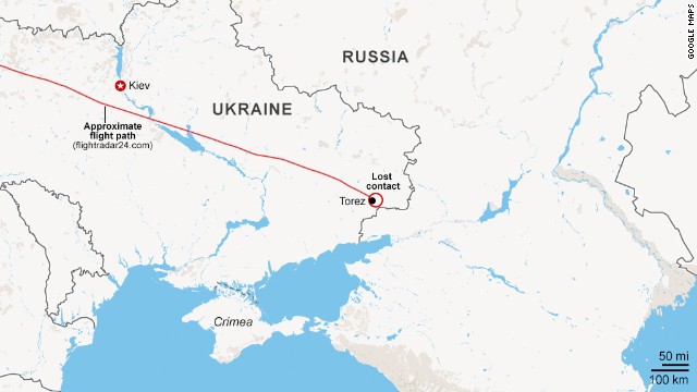 Map: Approximate route of MH17