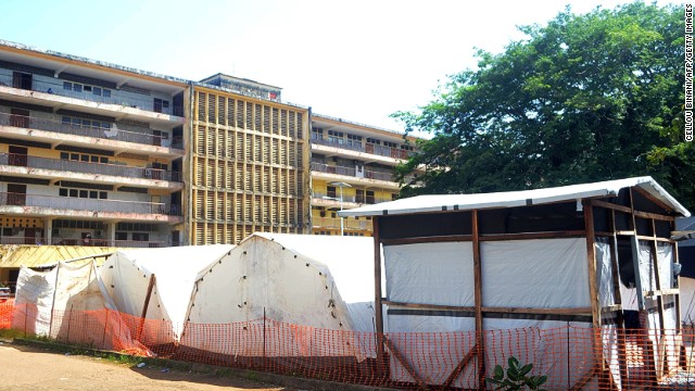 Isolation tents at Donka Hospital in Conakry, Guinea. This is the first outbreak to have affected Guinea. Previous outbreaks have affected Democratic Republic of the Congo, Uganda, and Republic of the Congo.