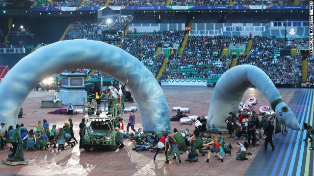 A huge stuffed version of Scotland's famed Loch Ness Monster curled around the stage.
