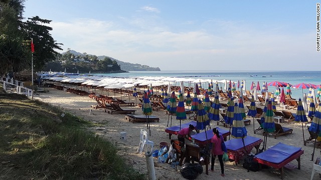 Phuket's Surin Beach, seen here in February of 2013, covered in beach loungers and umbrellas. 