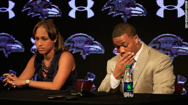 Ray Rice pauses while addressing a news conference with wife Janay at the Ravens training center on May 23.