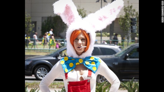 Roger Rabbit takes a smoke break outside the convention center on July 27. 