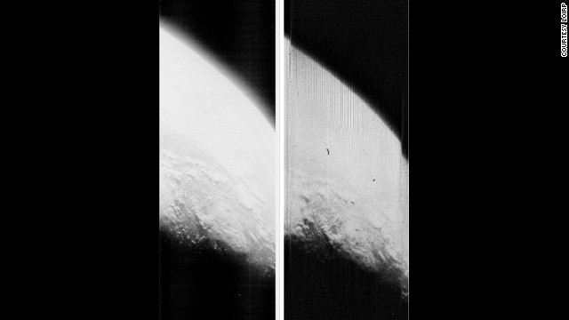 Comparison of the resolution and image quality between the restored image and the original image (right) from the Earthrise as seen by Lunar Orbiter 1 on 25 August 1966.