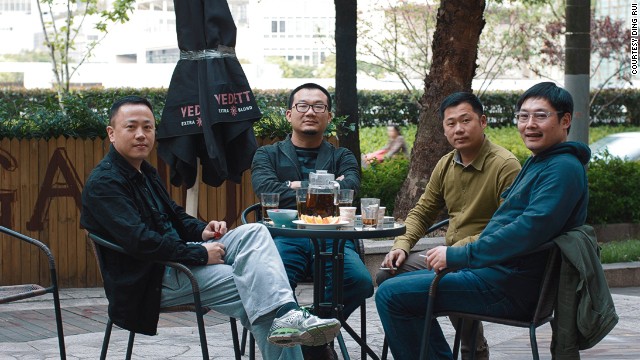 Founders of the "Samadhi -- 4D Experience of Death" project, Ding Rui (far left) and Huang Wei-ping (far right), with the game's two main designers Yu Hong-tao (second from left) and Xu Yang-xin (second from right).