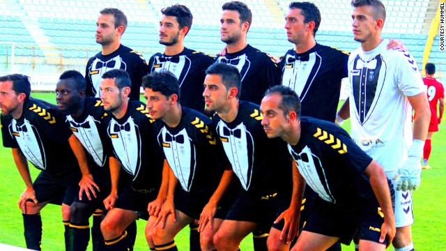 The eye catching tuxedo kit of Spanish lower league team Cultural    octopus beer football kit