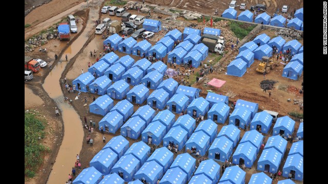 Temporary shelters are set up in Longtoushan on August 4.