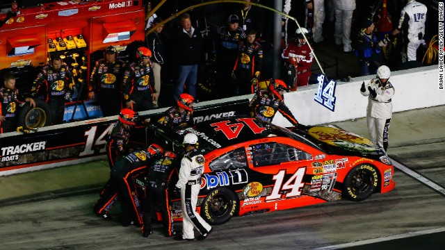 Stewart in the pit during the NASCAR Sprint Cup Series Daytona 500 at Daytona International Speedway on February 23 in Daytona Beach, Florida