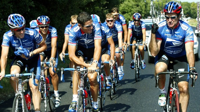 Williams (far right) rides with Lance Armstrong's U.S. Postal team during a rest day at the 2002 Tour de France. 