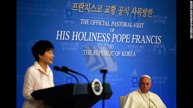 Park delivers a speech during a news conference with the Pope in Seoul.