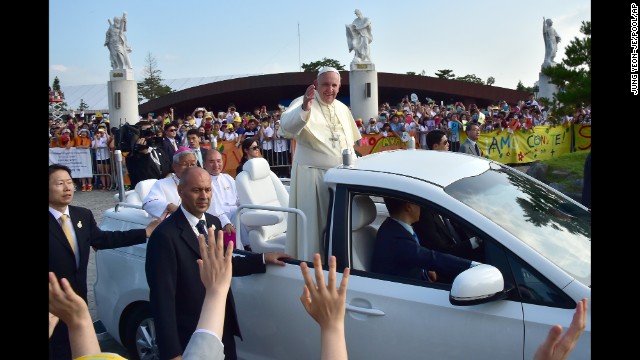 Pope Francis arrives at Solmoe Shrine for Korea's Catholic martyrs in Dangjin, South Korea, on Friday, August 15. 