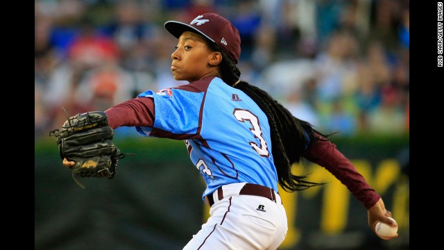 Mo'ne Davis of Pennsylvania pitches to a Nevada batter during the first inning of the United States division game at the Little League World Series at Lamade Stadium on Tuesday, August 20, in South Williamsport, Pennsylvania. 