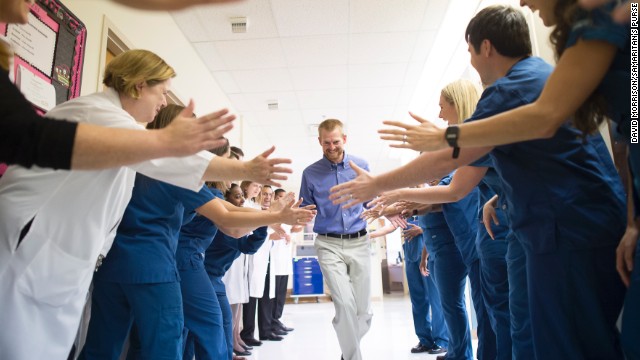 Dr. Kent Brantly leaves Emory University Hospital on Thursday, August 21, after being declared no longer infectious from the Ebola virus. Brantly was one of two American missionaries brought to Emory for treatment of the deadly virus, which has killed more than 1,350 people in West Africa since March, according to the World Health Organization.