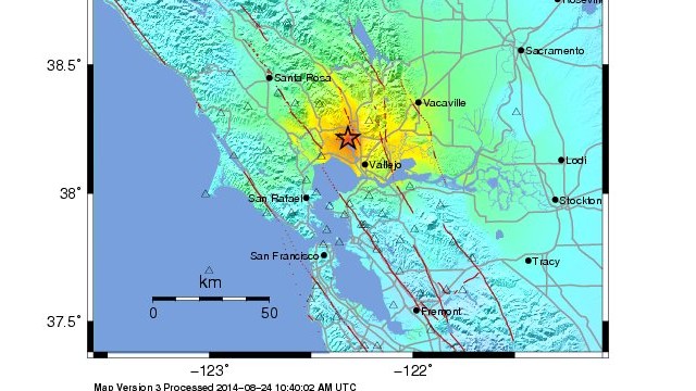 This USGS image shows the intensity of the California earthquake August 24, 2014