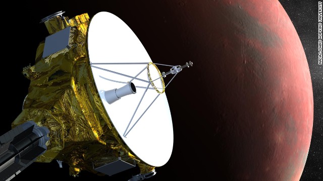 NASA's New Horizons spacecraft is the first probe sent to Pluto, and it's scheduled to arrive in July 2015. This is an artist's concept of the spacecraft flying past Pluto. 