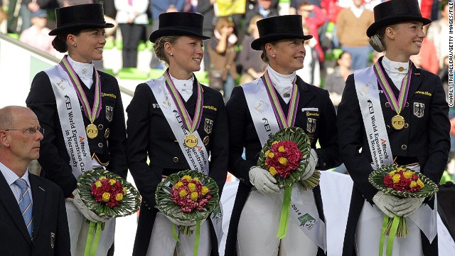 Meanwhile, a dashing looking German team won the dressage event. Pictured are captain Klaus Roeser, Kristina Sprehe, Helen Langehanenberg, Isabell Werth and Fabienne Lutkeimeier.
