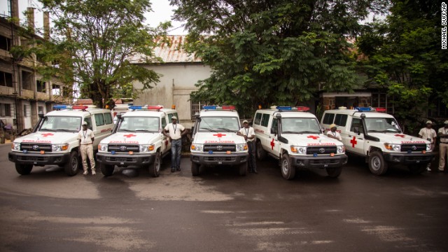 Five ambulances that were donated by the United States to help combat the Ebola virus are lined up in Freetown, Sierra Leone, on September 10 following a ceremony that was attended by Sierra Leone President Ernest Bai Koroma.