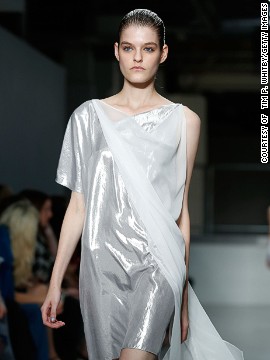 Nicholl used metallic fabrics and sheer panels for his future-fitness inspired collection. 