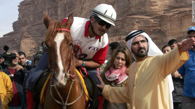 Her husband, pictured with Haya on the right, is Dubai's ruler Sheik Mohammed bin Rashed al-Maktoum -- also the prime minister of the UAE. They are seen here at an endurance race, a sport in which the Sheik is a champion rider, though he has also been found guilty of doping in the past.