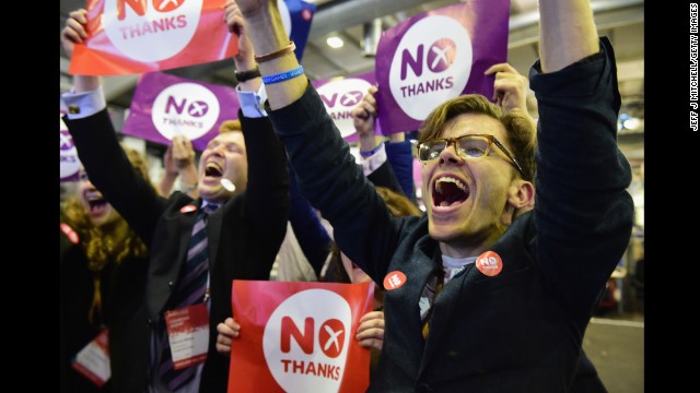 People opposed to Scottish independence celebrate the final results of a historic referendum Friday, September 19, in Edinburgh, Scotland. A majority of voters -- 55% to 45% -- rejected the possibility of Scotland breaking away from the United Kingdom and becoming an independent nation.
