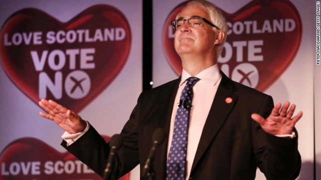 Alistair Darling, leader of the pro-union "Better Together" campaign, addresses supporters in Glasgow, Scotland, after the announcement of the referendum's final results September 19.